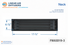 Load image into Gallery viewer, Neck dimensions of a 18-inch 3-slot linear slot diffuser with 19mm opening in matte black.
