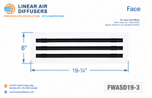 Load image into Gallery viewer, Face dimensions of a 18-inch 3-slot linear slot diffuser with 19mm opening in matte white.
