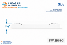 Load image into Gallery viewer, Side profile and dimensions of a 18-inch 3-slot linear slot diffuser with 19mm opening in matte white.
