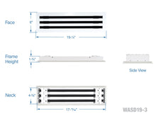 Load image into Gallery viewer, Full dimensions of a white 18 inch 3-slot linear diffuser with 19mm openings for precision airflow in commercial HVAC systems
