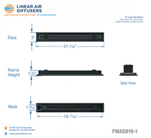 Load image into Gallery viewer, Overall dimensions of a 20-inch 1-slot linear slot diffuser with 19mm opening in matte black.
