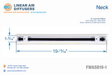 Load image into Gallery viewer, Neck dimensions of a 20-inch 1-slot linear slot diffuser with 19mm opening in matte white.
