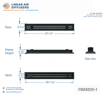 Load image into Gallery viewer, Overall dimensions of a 20-inch 1-slot linear slot diffuser with 25mm opening in matte black.
