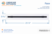 Load image into Gallery viewer, Face dimensions of a 20-inch 1-slot linear slot diffuser with 25mm opening in matte white.
