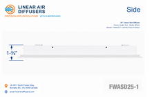 Load image into Gallery viewer, Side profile and dimensions of a 20-inch 1-slot linear slot diffuser with 25mm opening in matte white.
