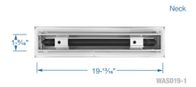 Load image into Gallery viewer, Neck dimensions of a white 20 inch 1-slot linear diffuser with 19mm openings for precision airflow in commercial HVAC systems
