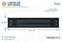 Load image into Gallery viewer, Face dimensions of a 20-inch 2-slot linear slot diffuser with 19mm opening in matte black.
