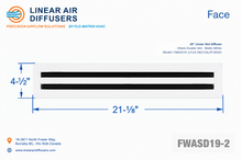 Load image into Gallery viewer, Face dimensions of a 20-inch 2-slot linear slot diffuser with 19mm opening in matte white.
