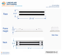 Load image into Gallery viewer, Overall dimensions of a 20-inch 2-slot linear slot diffuser with 19mm opening in matte white.
