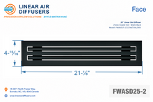 Load image into Gallery viewer, Face dimensions of a 20-inch 2-slot linear slot diffuser with 25mm opening in matte black.
