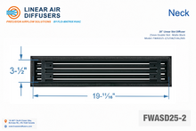 Load image into Gallery viewer, Neck dimensions of a 20-inch 2-slot linear slot diffuser with 25mm opening in matte black.
