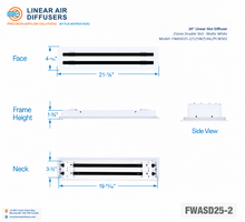 Load image into Gallery viewer, Overall dimensions of a 20-inch 2-slot linear slot diffuser with 25mm opening in matte white.
