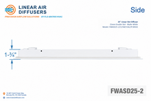 Load image into Gallery viewer, Side profile and dimensions of a 20-inch 2-slot linear slot diffuser with 25mm opening in matte white.
