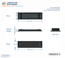 Load image into Gallery viewer, Overall dimensions of a 20-inch 3-slot linear slot diffuser with 19mm opening in matte black.
