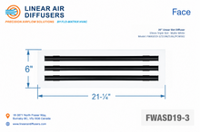 Load image into Gallery viewer, Face dimensions of a 20-inch 3-slot linear slot diffuser with 19mm opening in matte white.
