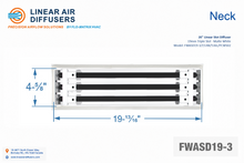Load image into Gallery viewer, Neck dimensions of a 20-inch 3-slot linear slot diffuser with 19mm opening in matte white.
