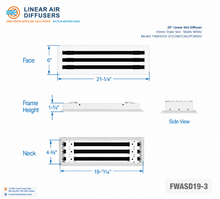 Load image into Gallery viewer, Overall dimensions of a 20-inch 3-slot linear slot diffuser with 19mm opening in matte white.
