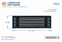 Load image into Gallery viewer, Face dimensions of a 20-inch 3-slot linear slot diffuser with 25mm opening in matte black.
