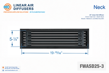 Load image into Gallery viewer, Neck dimensions of a 20-inch 3-slot linear slot diffuser with 25mm opening in matte black.
