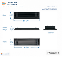 Load image into Gallery viewer, Overall dimensions of a 20-inch 3-slot linear slot diffuser with 25mm opening in matte black.
