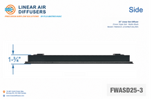 Load image into Gallery viewer, Side profile and dimensions of a 20-inch 3-slot linear slot diffuser with 25mm opening in matte black.
