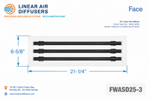 Load image into Gallery viewer, Face dimensions of a 20-inch 3-slot linear slot diffuser with 25mm opening in matte white.

