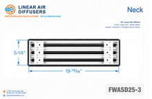 Load image into Gallery viewer, Neck dimensions of a 20-inch 3-slot linear slot diffuser with 25mm opening in matte white.
