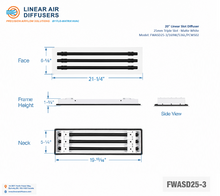 Load image into Gallery viewer, Overall dimensions of a 20-inch 3-slot linear slot diffuser with 25mm opening in matte white.
