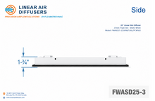 Load image into Gallery viewer, Side profile and dimensions of a 20-inch 3-slot linear slot diffuser with 25mm opening in matte white.
