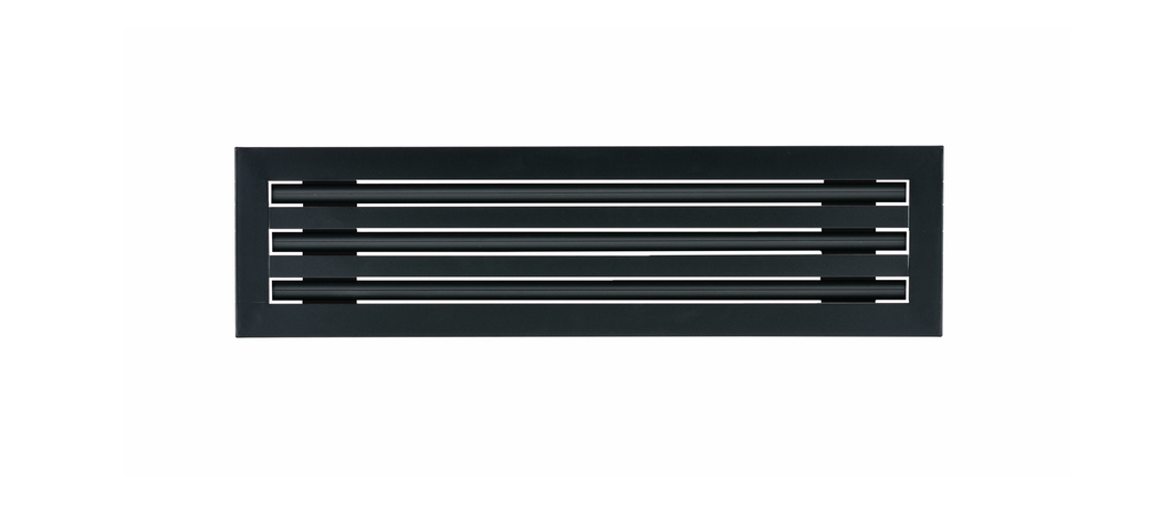 Front view of a black 20 inch 3-slot linear diffuser with 19mm openings for precision airflow in commercial HVAC systems