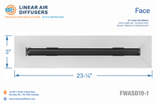 Load image into Gallery viewer, Face dimensions of a 22-inch 1-slot linear slot diffuser with 19mm opening in anodized satin silver.
