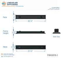 Load image into Gallery viewer, Overall dimensions of a 22-inch 1-slot linear slot diffuser with 19mm opening in matte black.
