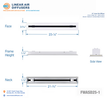 Load image into Gallery viewer, Overall dimensions of a 22-inch 1-slot linear slot diffuser with 25mm opening in matte white.
