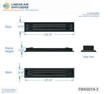Load image into Gallery viewer, Overall dimensions of a 22-inch 2-slot linear slot diffuser with 19mm opening in matte black.
