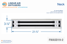 Load image into Gallery viewer, Neck dimensions of a 22-inch 2-slot linear slot diffuser with 19mm opening in matte whte.
