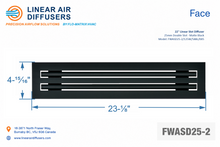 Load image into Gallery viewer, Face dimensions of a 22-inch 2-slot linear slot diffuser with 25mm opening in matte black.
