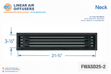 Load image into Gallery viewer, Neck dimensions of a 22-inch 2-slot linear slot diffuser with 25mm opening in matte black.
