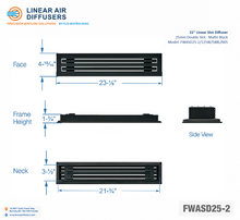 Load image into Gallery viewer, Overall dimensions of a 22-inch 2-slot linear slot diffuser with 25mm opening in matte black.
