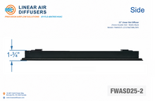 Load image into Gallery viewer, Side profile and dimensions of a 22-inch 2-slot linear slot diffuser with 25mm opening in matte black.
