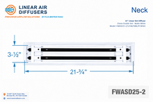Load image into Gallery viewer, Neck dimensions of a 22-inch 2-slot linear slot diffuser with 25mm opening in matte white.
