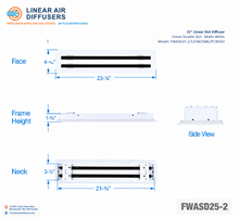 Load image into Gallery viewer, Overall dimensions of a 22-inch 2-slot linear slot diffuser with 25mm opening in matte white.

