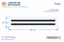 Load image into Gallery viewer, Face dimensions of a 22-inch 2-slot linear slot diffuser with 25mm opening in matte white.

