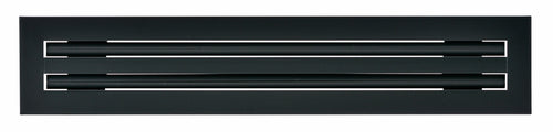 Front view of a black 22-inch 2-slot linear diffuser with 19mm openings for precision airflow in commercial HVAC systems
