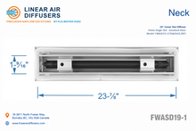 Load image into Gallery viewer, Neck dimensions of a 24-inch 1-slot linear slot diffuser with 19mm opening in anodized satin silver.
