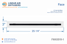 Load image into Gallery viewer, Face dimensions of a 24-inch 1-slot linear slot diffuser with 19mm opening in matte white.
