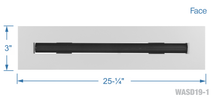 Load image into Gallery viewer, Face dimensions of a white 24 inch 1-slot linear diffuser with 19mm openings for precision airflow in commercial HVAC systems

