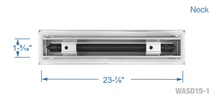 Load image into Gallery viewer, Neck dimensions of a white 24 inch 1-slot linear diffuser with 19mm openings for precision airflow in commercial HVAC systems
