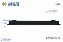 Load image into Gallery viewer, Side profile and dimensions of a 24-inch 2-slot linear slot diffuser with 19mm opening in matte black.
