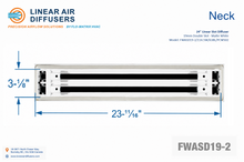Load image into Gallery viewer, Neck dimensions of a 24-inch 2-slot linear slot diffuser with 19mm opening in matte white.
