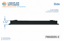 Load image into Gallery viewer, Side profile and dimensions of a 24-inch 2-slot linear slot diffuser with 25mm opening in matte black.
